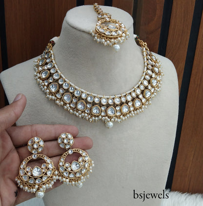 Gold white Kundan Necklace Jewellery Jinder Set