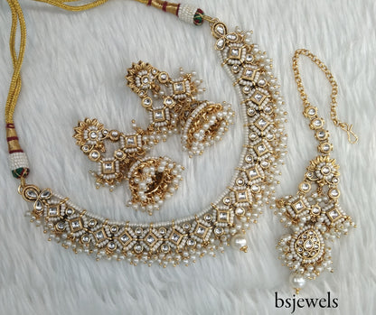 Gold white Kundan Necklace Jewellery Rajveer Set
