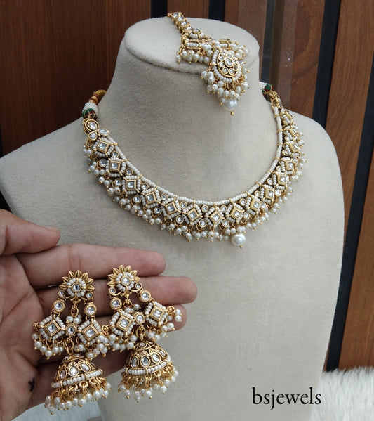 Gold white Kundan Necklace Jewellery Rajveer Set
