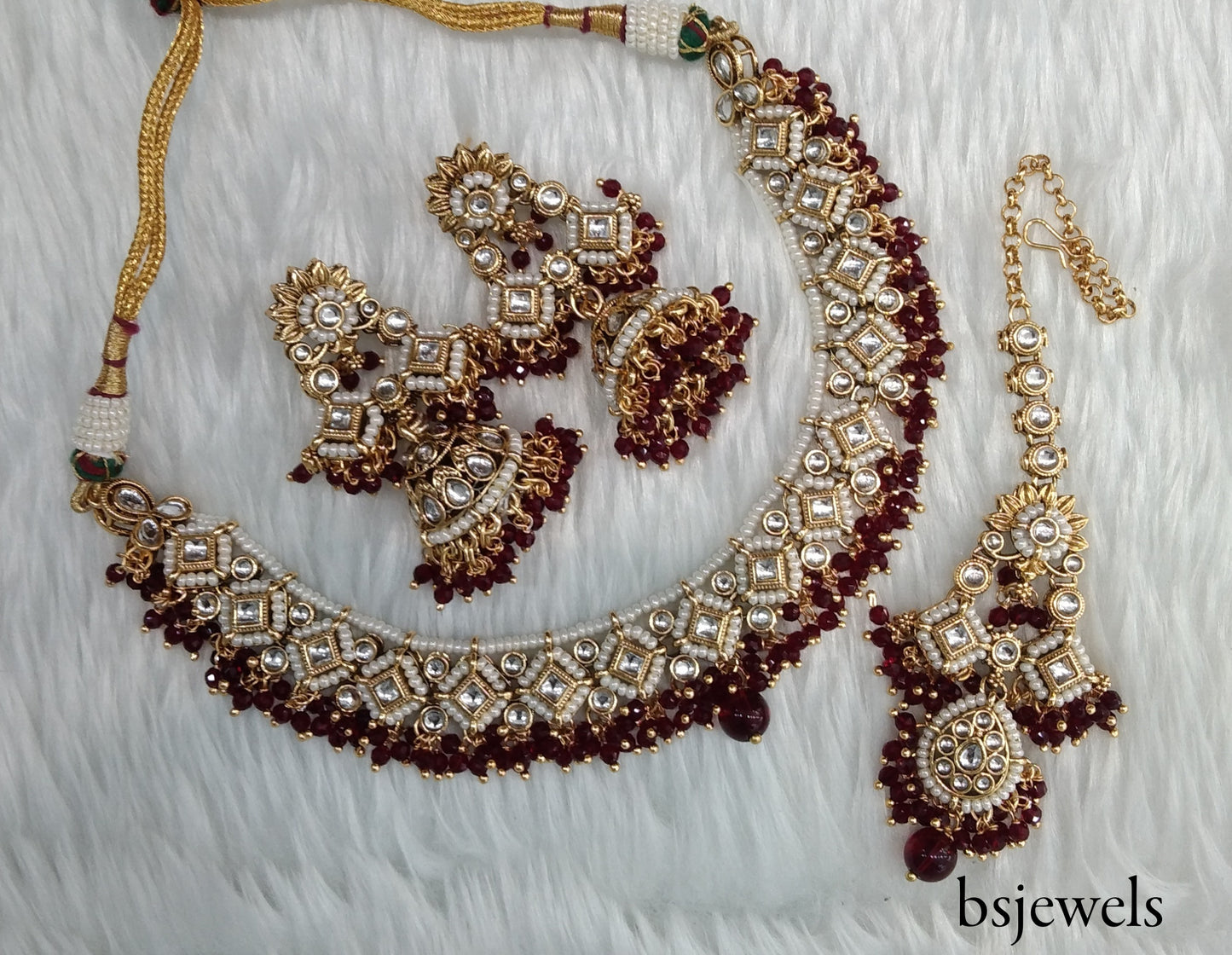 Maroon Kundan Necklace Jewellery Rajveer Set