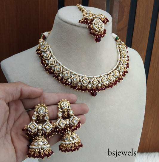 Maroon Kundan Necklace Jewellery Rajveer Set