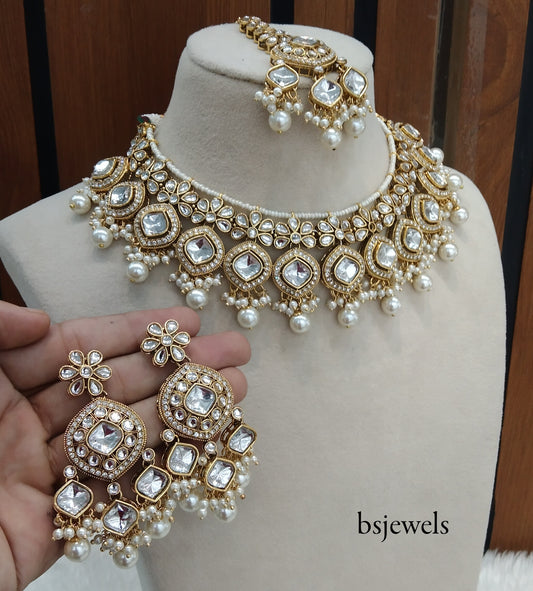 Gold white Kundan Necklace Jewellery Sukh Set