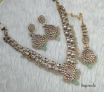 Mint Pink Kundan Necklace Jewellery Kush Set