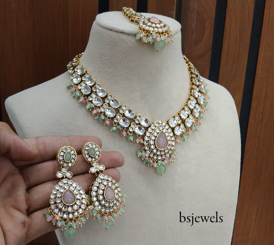 Mint Pink Kundan Necklace Jewellery Kush Set