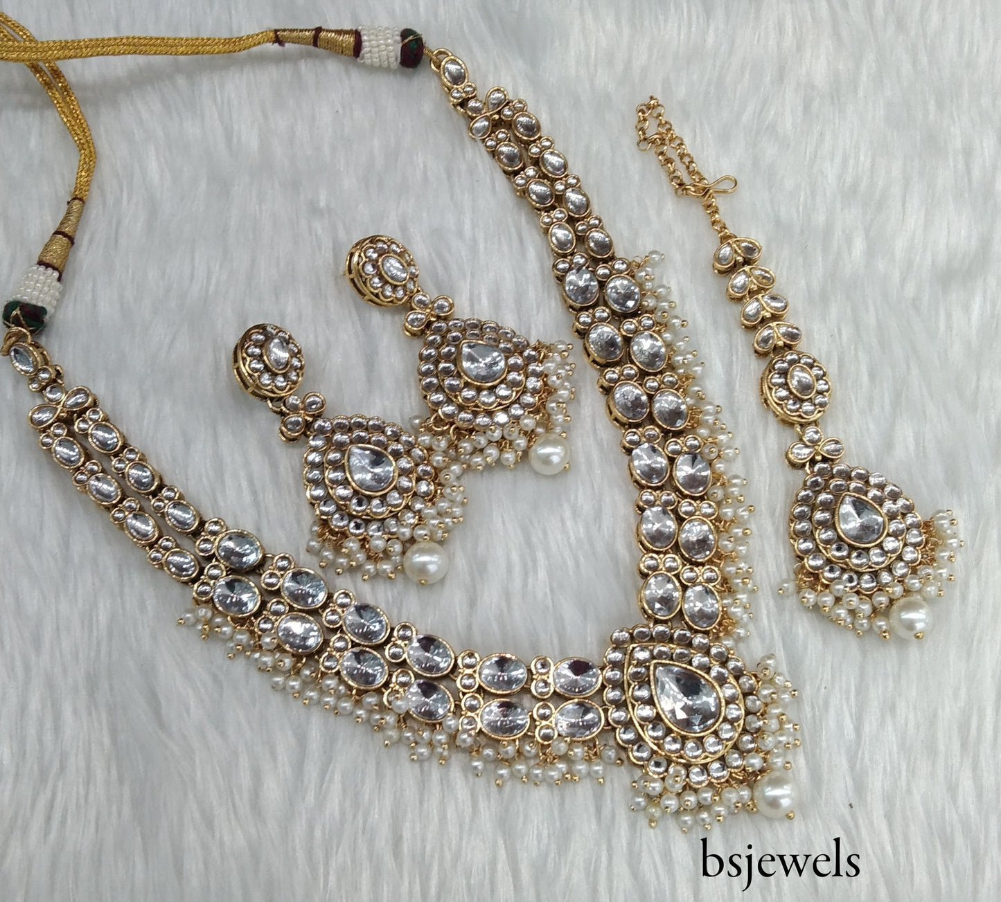Gold White Kundan Necklace Jewellery Kush Set