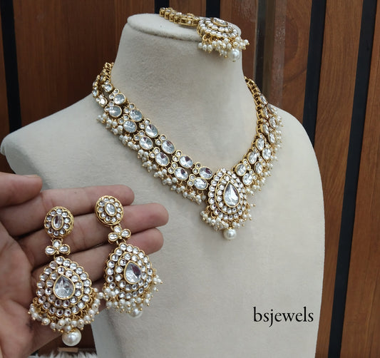 Gold White Kundan Necklace Jewellery Kush Set