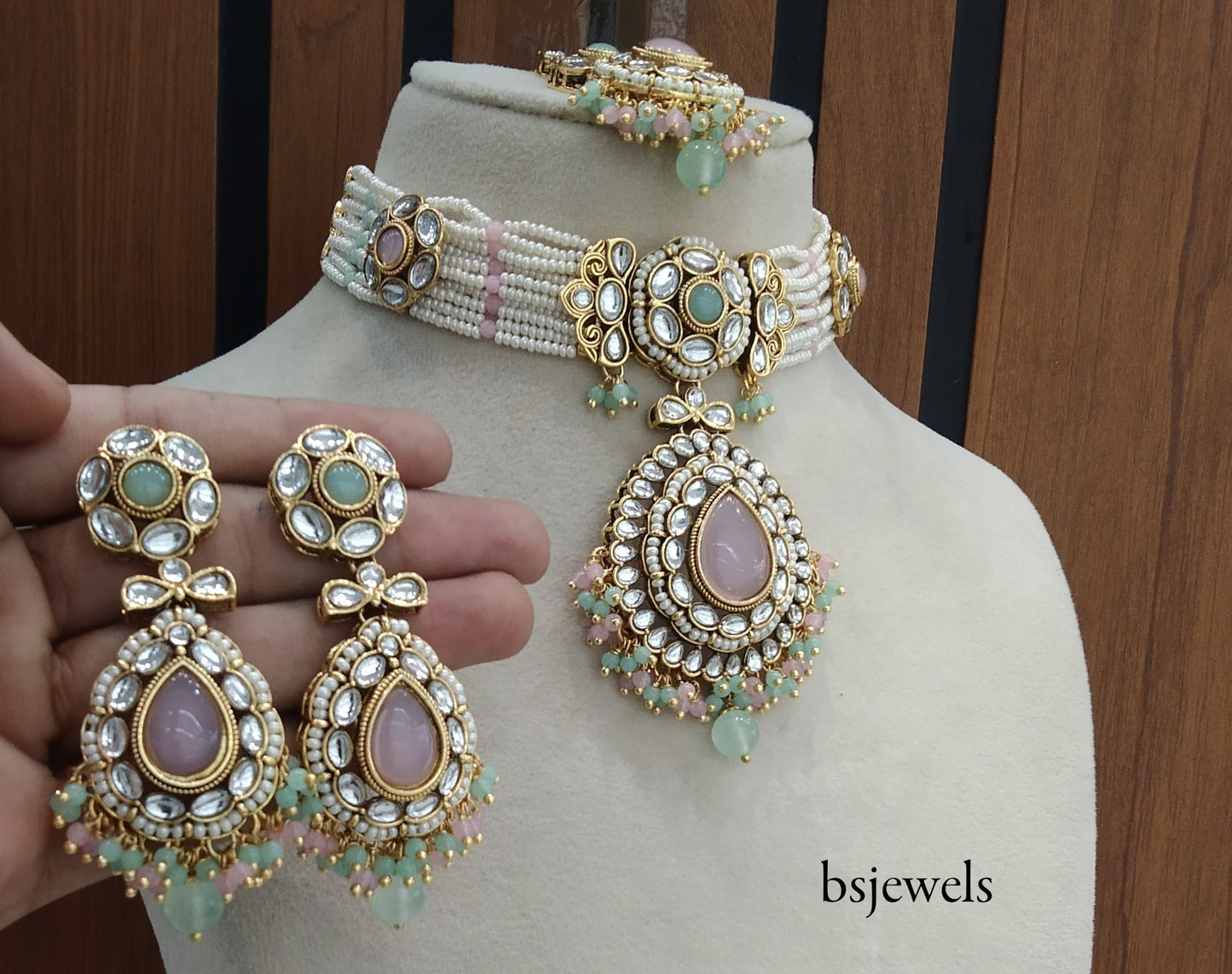 Mint pink Kundan Choker Jewellery balwinder Set