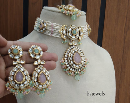 Mint pink Kundan Choker Jewellery balwinder Set