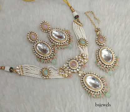 Mint pink Kundan Choker Jewellery Sharan Set
