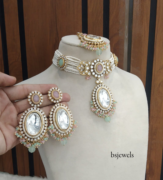 Mint pink Kundan Choker Jewellery Sharan Set