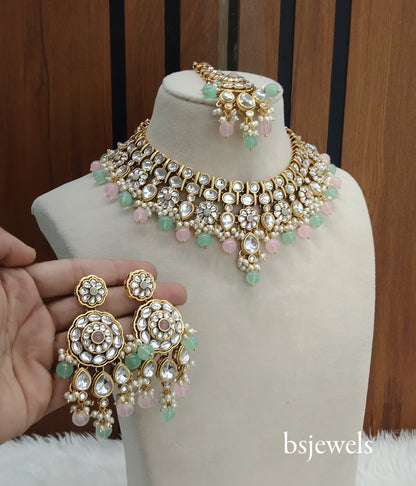 Mint Pink Kundan Necklace Rekha sets