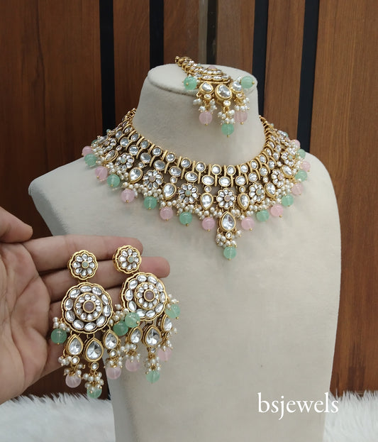 Mint Pink Kundan Necklace Rekha sets