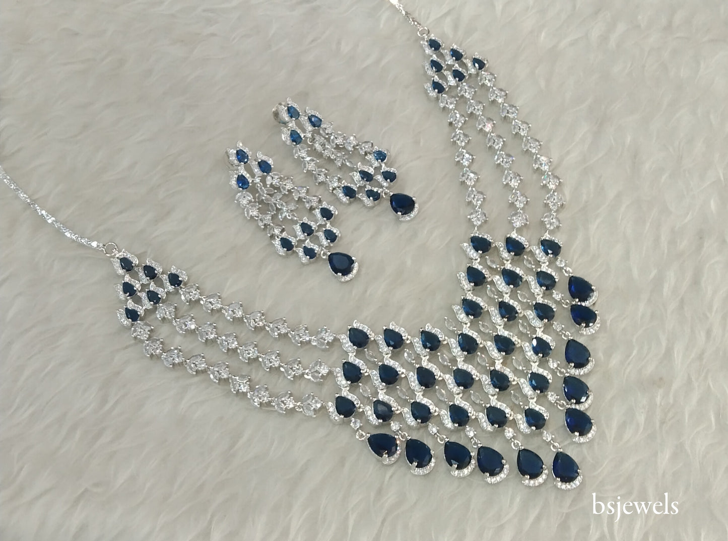 Silver Blue American Diamond Ad Julia Necklace Set