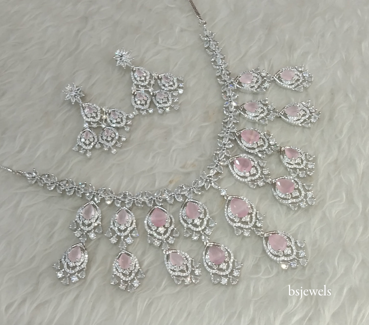Silver Baby Pink American Diamond Ad Nora Necklace Set