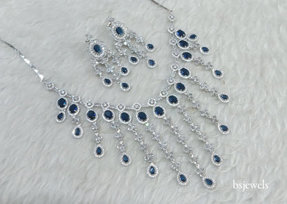 Silver Green American Diamond Ad Luna Necklace Set