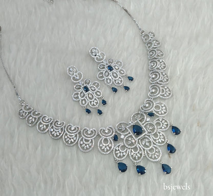 Silver Blue American Diamond Ad Vera Necklace Set