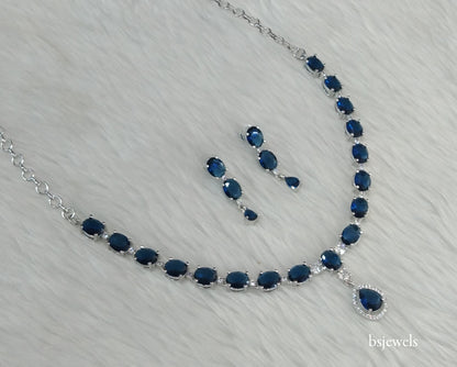 Silver Blue American Diamond Ad Guneet Necklace Set