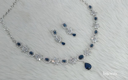 Silver Blue American Diamond Ad Tania Necklace Set