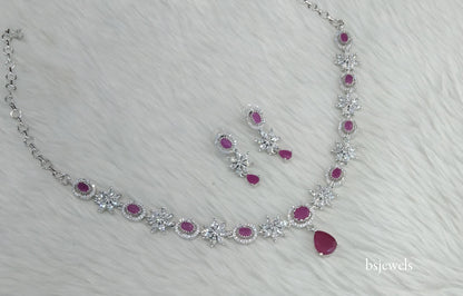 Silver Dark Pink American Diamond Ad Tania Necklace Set