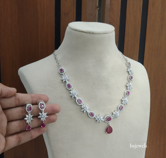 Silver Dark Pink American Diamond Ad Tania Necklace Set