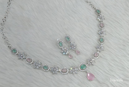 Silver Mint Pink American Diamond Ad Tania Necklace Set