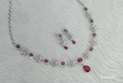 Silver Ruby American Diamond Ad Tania Necklace Set