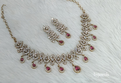 Antique Ruby American Diamond Ad Simrit Necklace Set