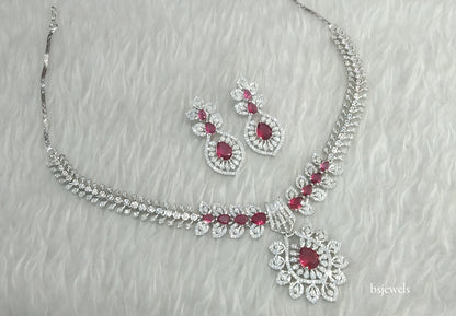 Silver Ruby American Diamond Ad Karam Necklace Set
