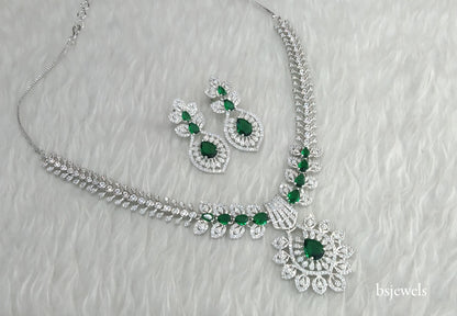 Silver Green American Diamond Ad Karam Necklace Set