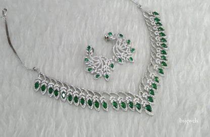 Silver Green American Diamond Ad Karam Necklace Set