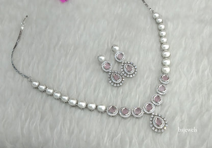 Silver Pink American Diamond Ad Navjot Necklace Set