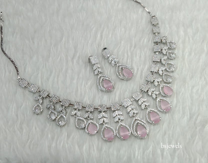 Silver Pink American Diamond Ad Navjot Necklace Set