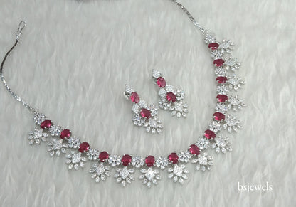 Silver Ruby American Diamond Ad Navjot Necklace Set