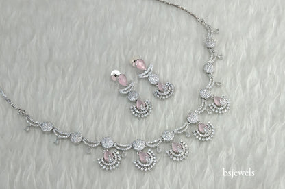 Silver Pink American Diamond Ad Navjot Necklace Set