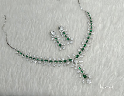 Silver Green American Diamond Ad Navjot Necklace Set