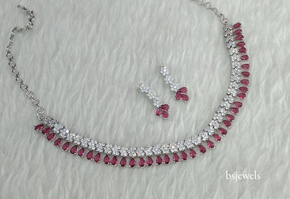 Silver Ruby American Diamond Ad Manat Necklace Set