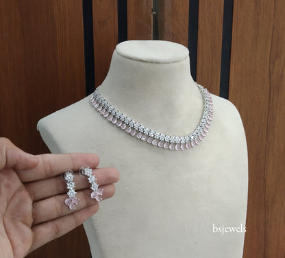 Silver Pink American Diamond Ad Manat Necklace Set