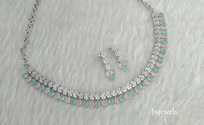 Silver Mint Pink American Diamond Ad Manat Necklace Set