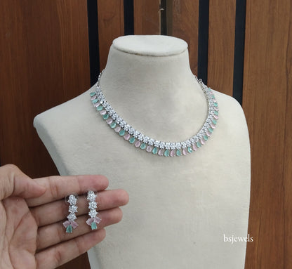 Silver Mint Pink American Diamond Ad Manat Necklace Set