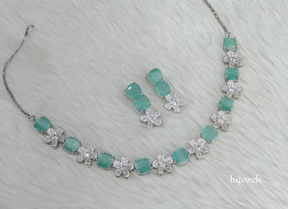 Silver Mint American Diamond Ad Ishmeet Necklace Set