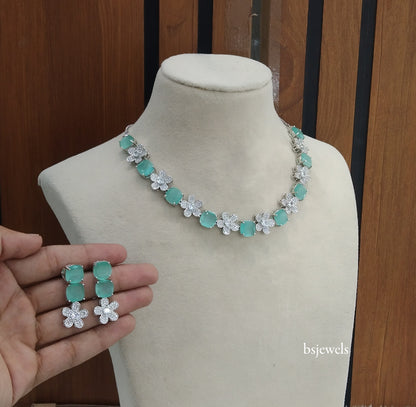 Silver Mint American Diamond Ad Ishmeet Necklace Set