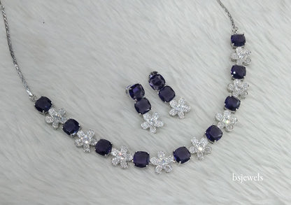 Silver Blue American Diamond Ad Ishmeet Necklace Set