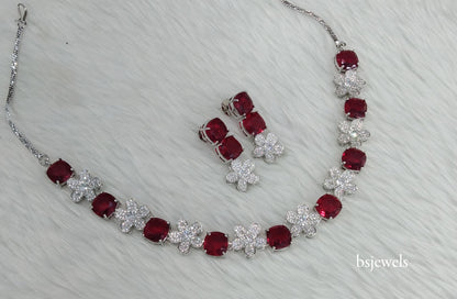 Silver Maroon American Diamond Ad Ishmeet Necklace Set