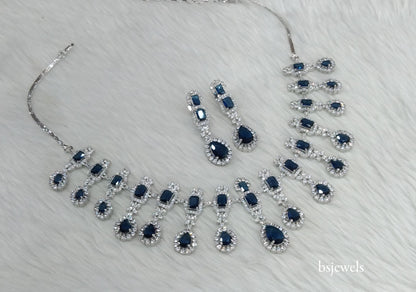 Silver Blue American Diamond Ad Jasmeet Necklace Set