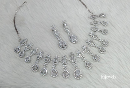 Silver American Diamond Ad Jasmeet Necklace Set