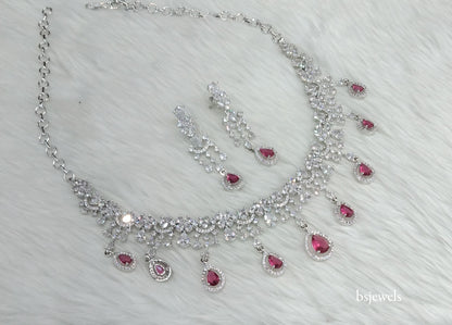 Silver Ruby American Diamond Ad Gaggi Necklace Set