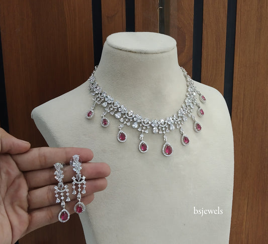 Silver Ruby American Diamond Ad Gaggi Necklace Set