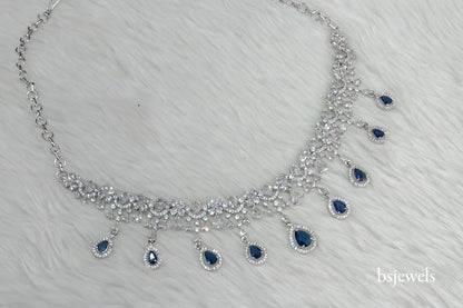 Silver Blue American Diamond Ad Gaggi Necklace Set