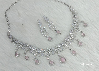 Silver Pink American Diamond Ad Gaggi Necklace Set