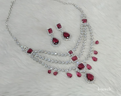 Silver Ruby American Diamond Ad Jasnoor Necklace Set